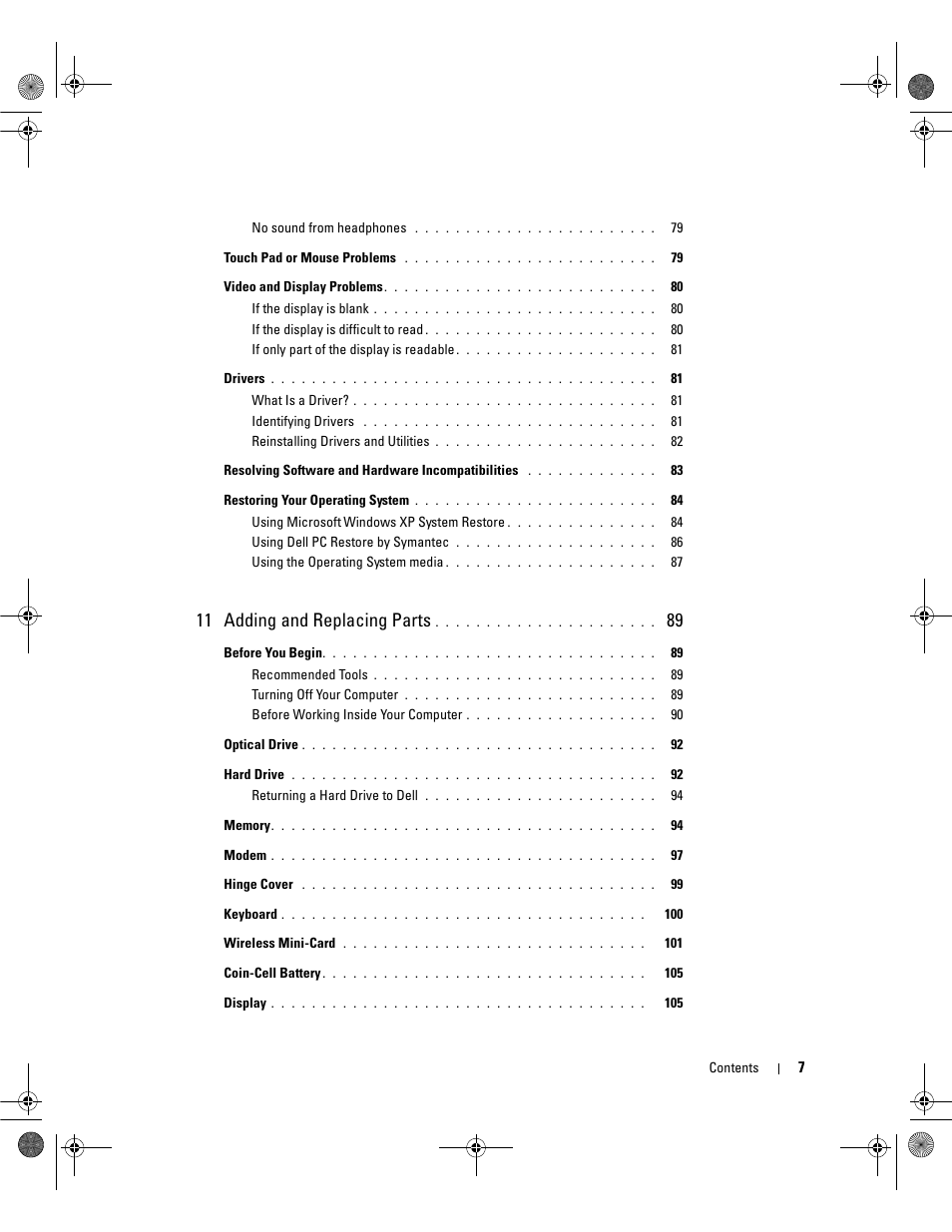 11 adding and replacing parts | Dell Latitude 131L User Manual | Page 7 / 168