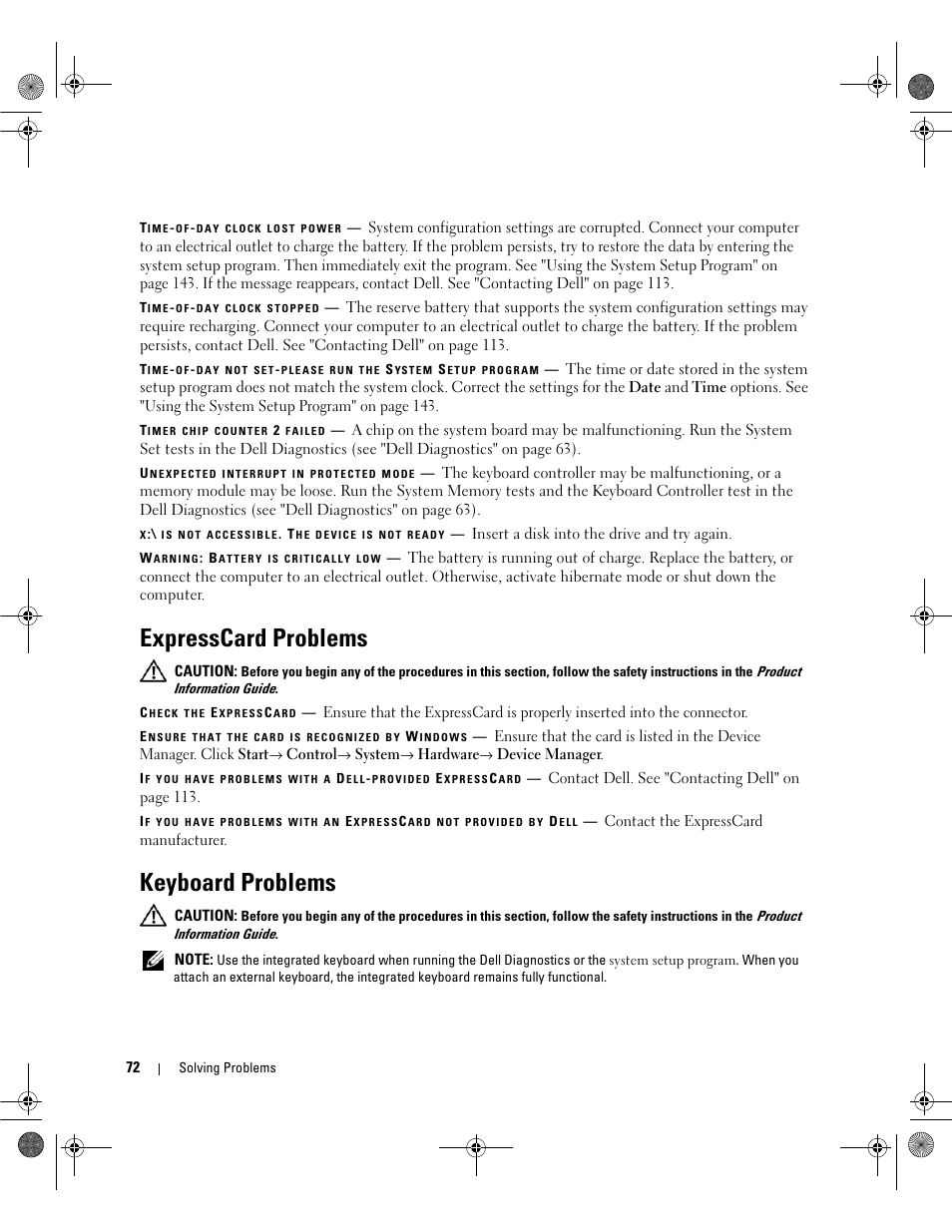 Expresscard problems, Keyboard problems | Dell Latitude 131L User Manual | Page 72 / 168