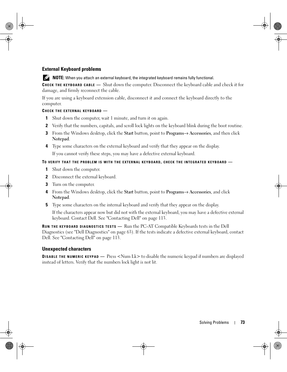 External keyboard problems, Unexpected characters | Dell Latitude 131L User Manual | Page 73 / 168