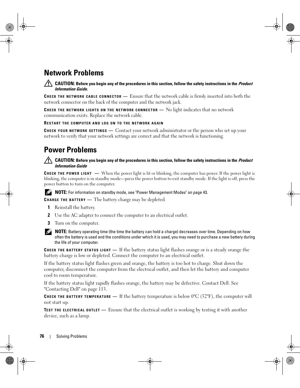 Network problems, Power problems | Dell Latitude 131L User Manual | Page 76 / 168