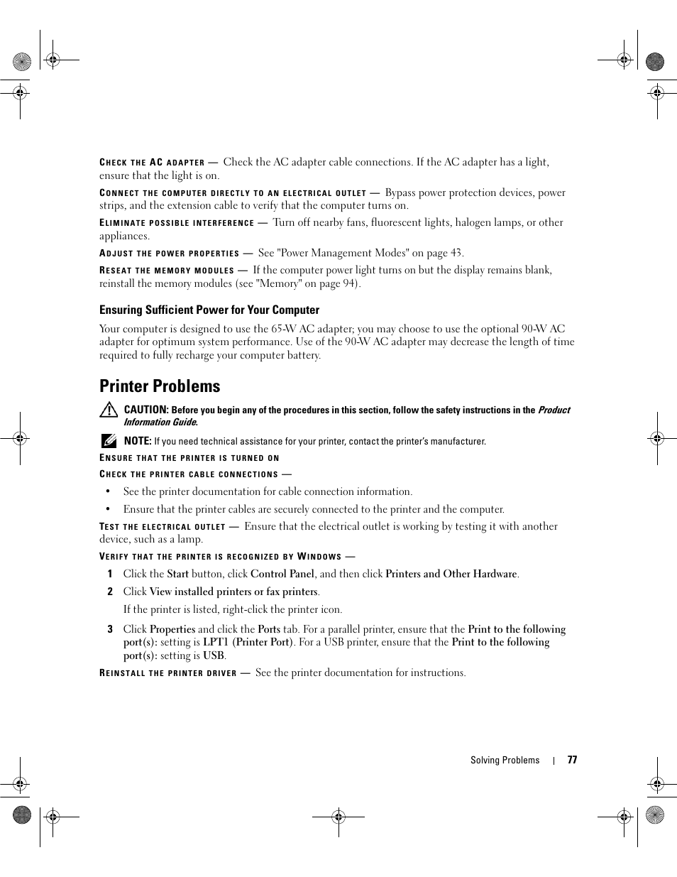 Ensuring sufficient power for your computer, Printer problems | Dell Latitude 131L User Manual | Page 77 / 168