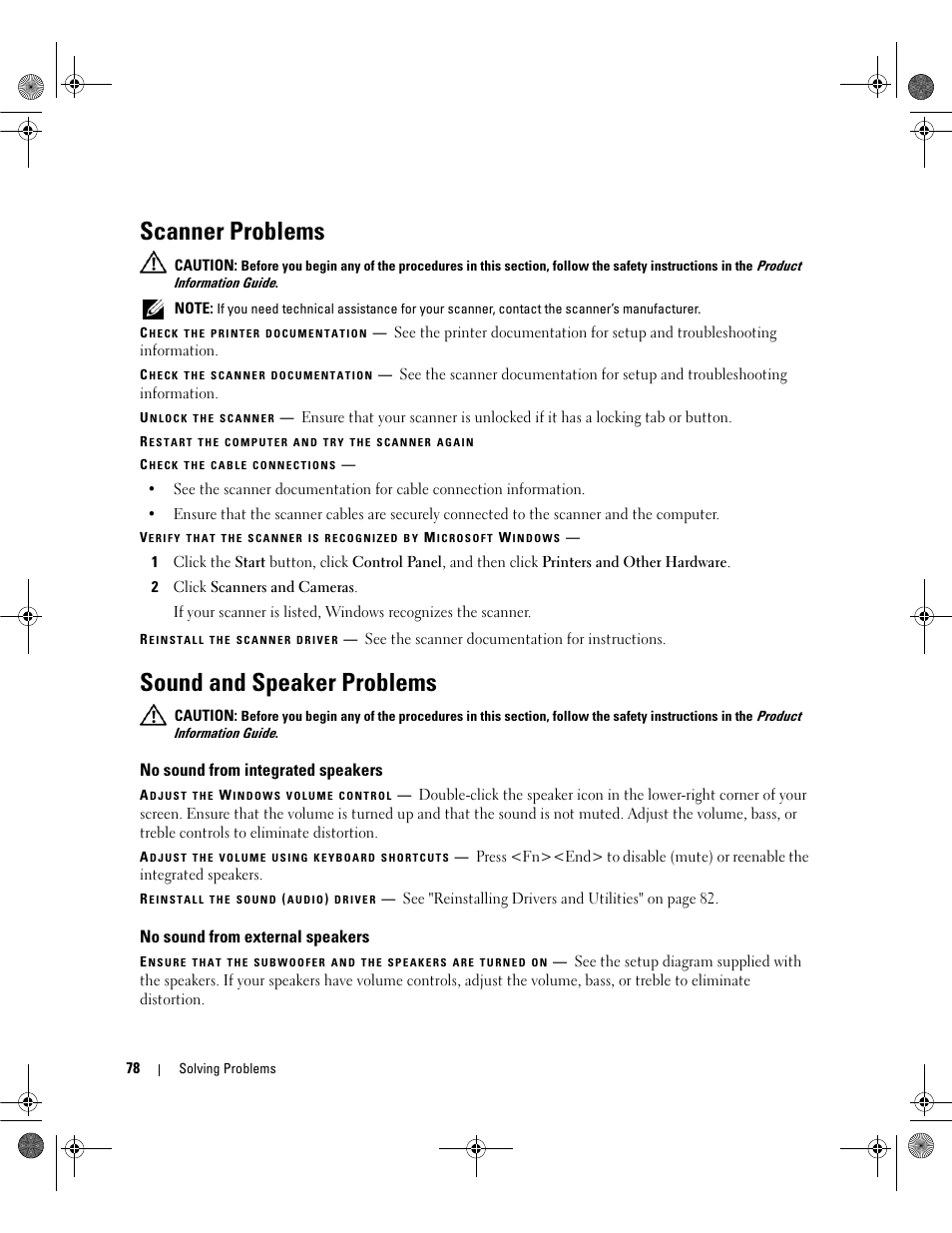 Scanner problems, Sound and speaker problems, No sound from integrated speakers | No sound from external speakers | Dell Latitude 131L User Manual | Page 78 / 168