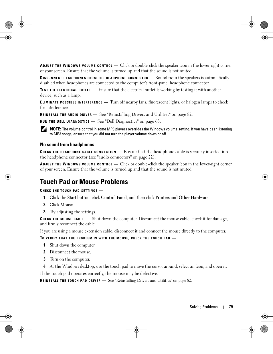 No sound from headphones, Touch pad or mouse problems | Dell Latitude 131L User Manual | Page 79 / 168