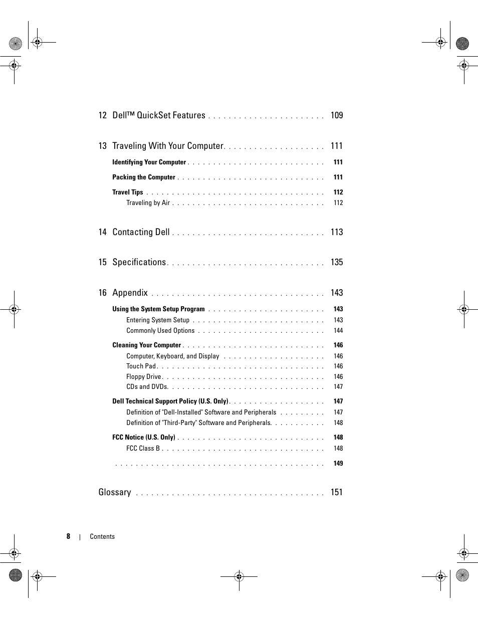 12 dell™ quickset features, 14 contacting dell, Glossary | Dell Latitude 131L User Manual | Page 8 / 168