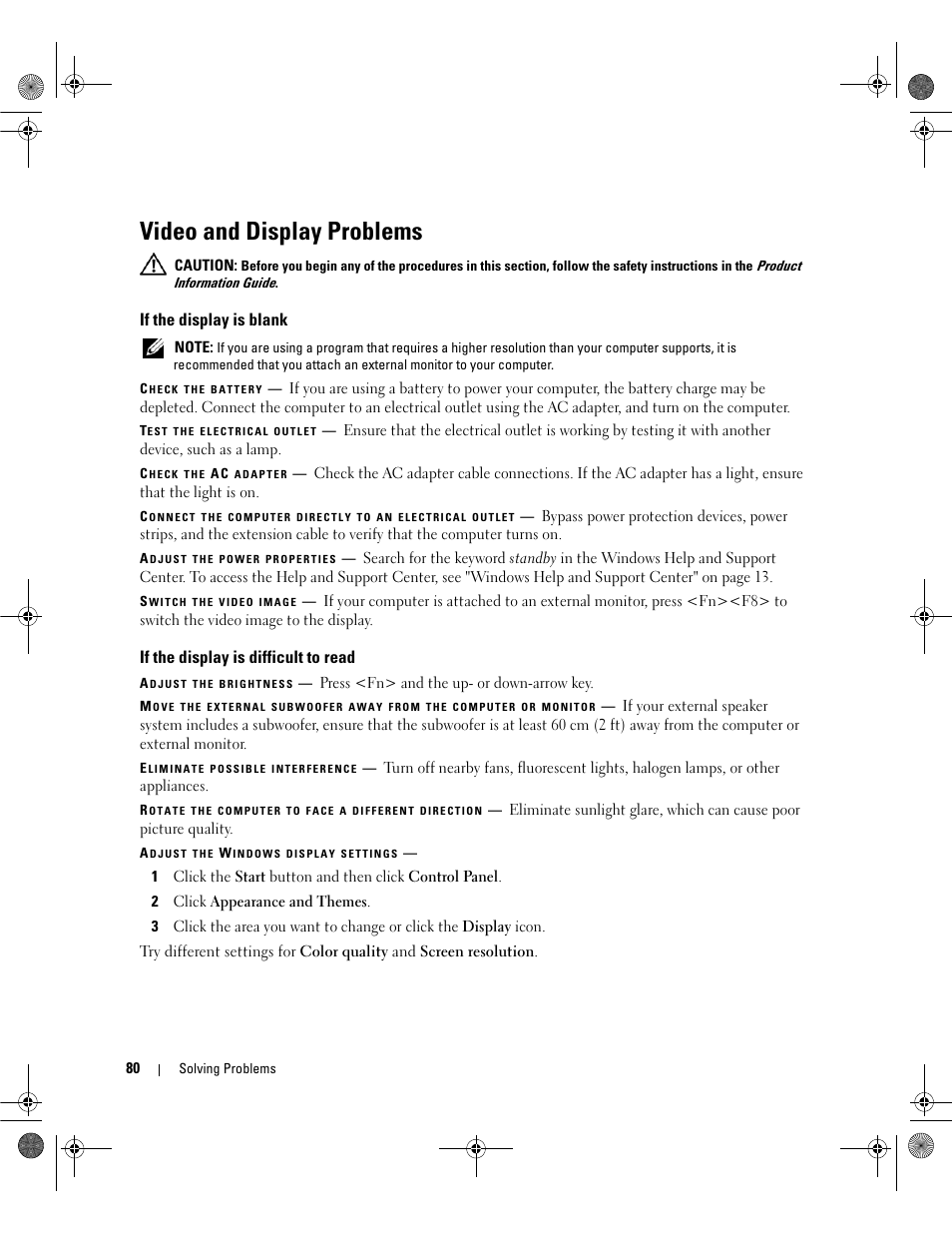 Video and display problems, If the display is blank, If the display is difficult to read | Dell Latitude 131L User Manual | Page 80 / 168