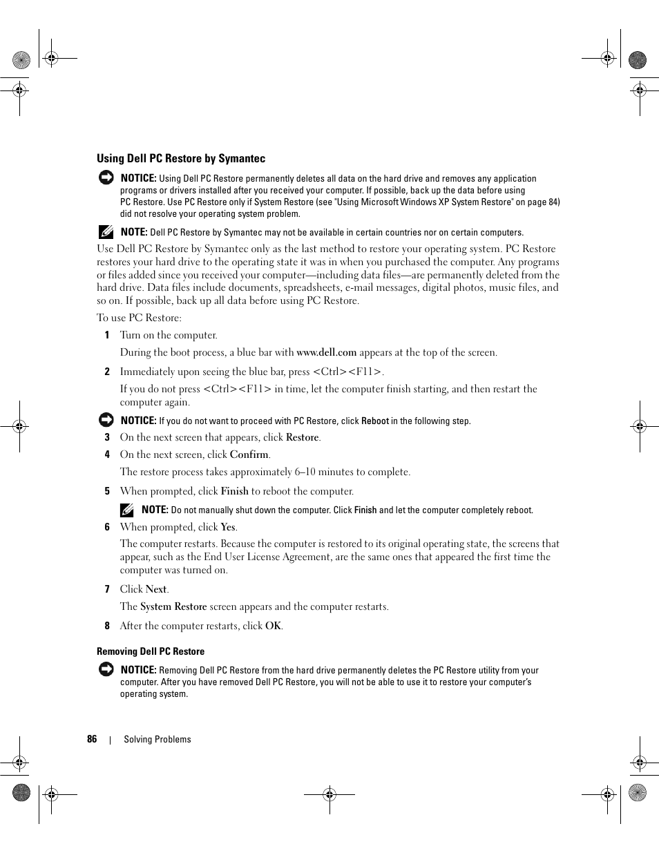 Using dell pc restore by symantec | Dell Latitude 131L User Manual | Page 86 / 168