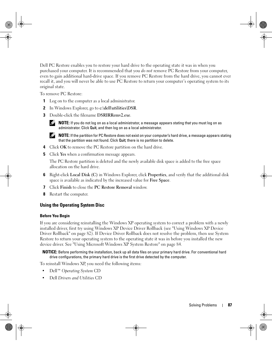Using the operating system disc, Using the operating system media | Dell Latitude 131L User Manual | Page 87 / 168