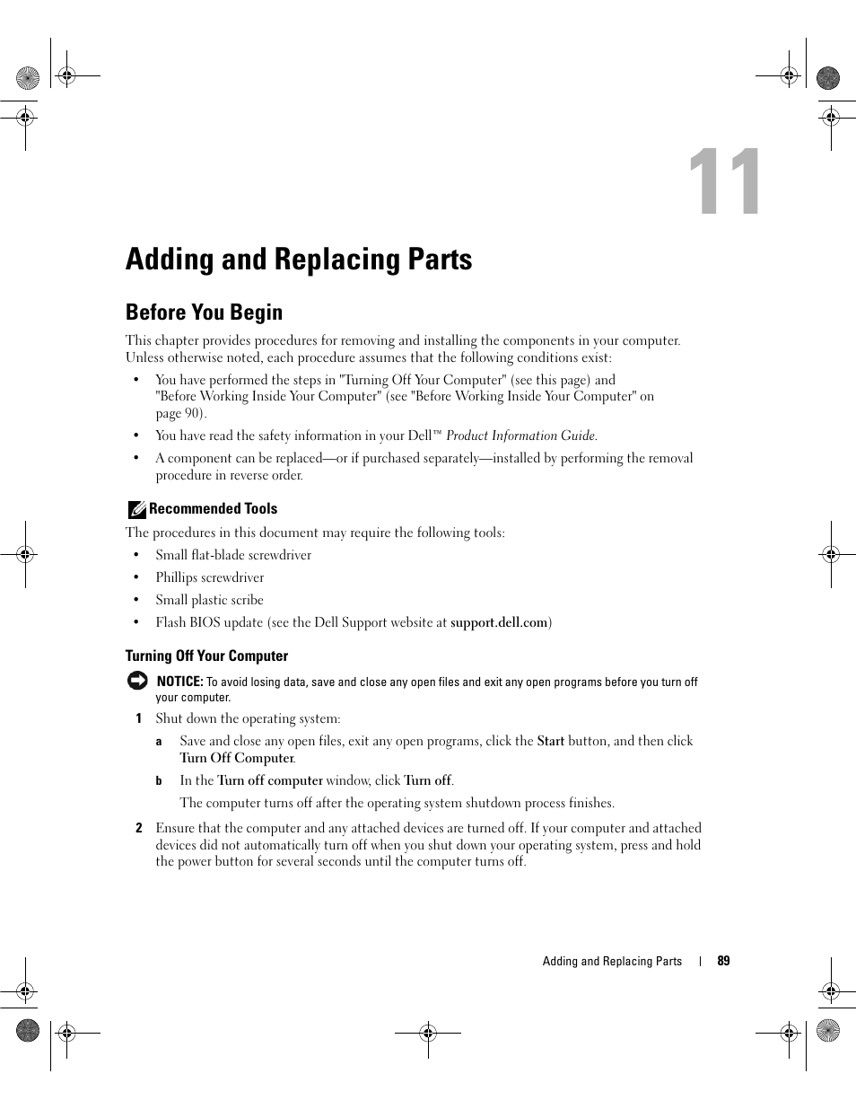 Adding and replacing parts, Before you begin, Recommended tools | Turning off your computer | Dell Latitude 131L User Manual | Page 89 / 168