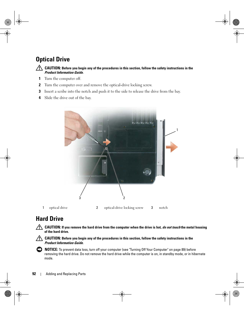 Optical drive, Hard drive | Dell Latitude 131L User Manual | Page 92 / 168