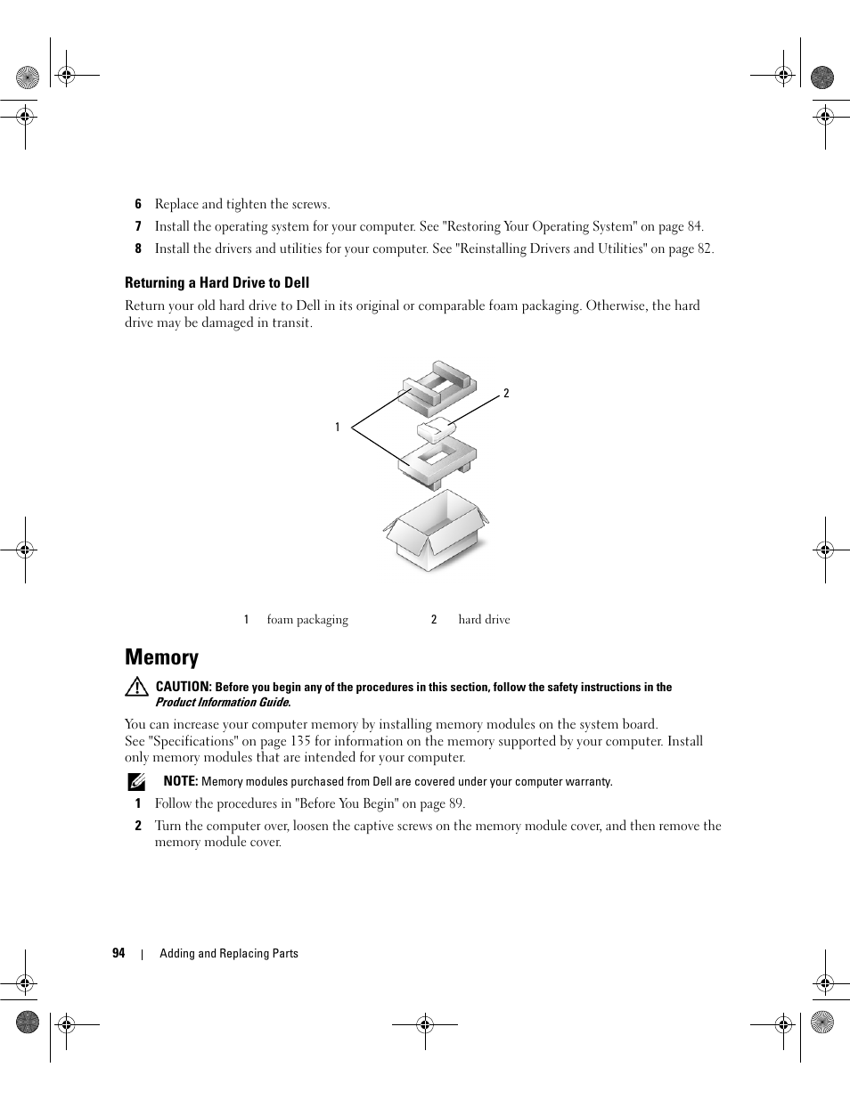 Returning a hard drive to dell, Memory | Dell Latitude 131L User Manual | Page 94 / 168