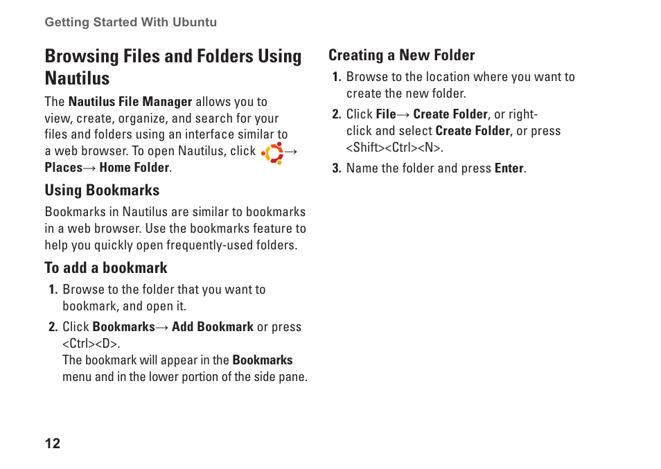 Browsing files and folders using nautilus, Using bookmarks, To add a bookmark | Creating a new folder, Browsing files and folders using | Dell Inspiron Mini 9 (910, Late 2008) User Manual | Page 12 / 22