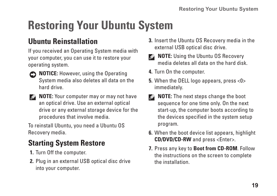 Restoring your ubuntu system, Ubuntu reinstallation, Starting system restore | Restoring your ubuntu system          19 | Dell Inspiron Mini 9 (910, Late 2008) User Manual | Page 19 / 22