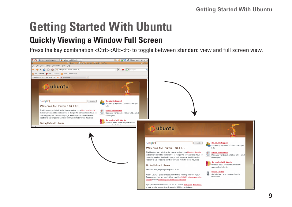 Getting started with ubuntu, Quickly viewing a window full screen, Quickly viewing a window full screen      9 | Dell Inspiron Mini 9 (910, Late 2008) User Manual | Page 9 / 22