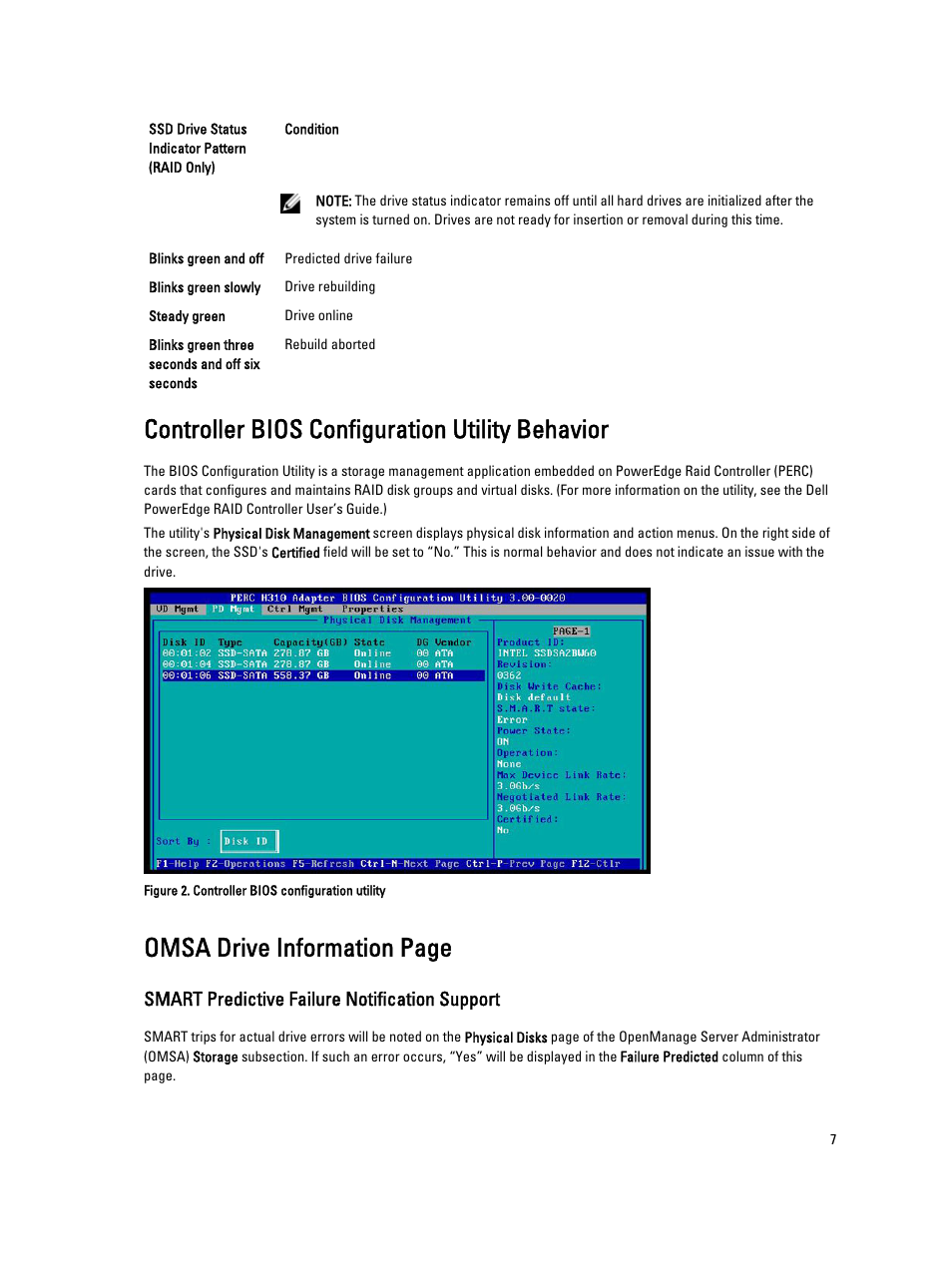 Controller bios configuration utility behavior, Smart predictive failure notification support, Omsa drive information page | Dell POWEREDGE R720 User Manual | Page 7 / 15