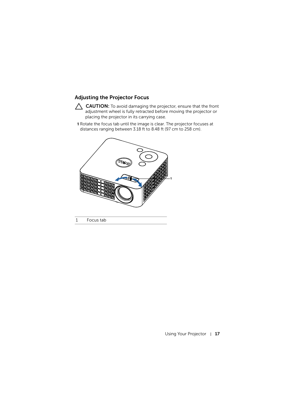 Adjusting the projector focus | Dell Mobile Projector M115HD User Manual | Page 17 / 64