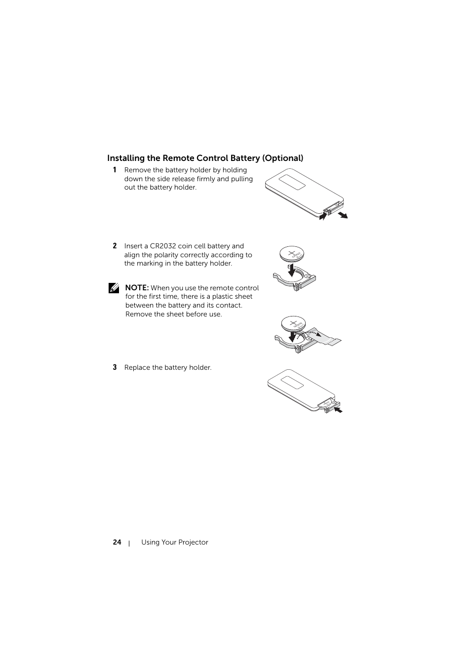 Installing the remote control battery (optional), Replace the battery holder, Using your projector 24 | Dell Mobile Projector M115HD User Manual | Page 24 / 64