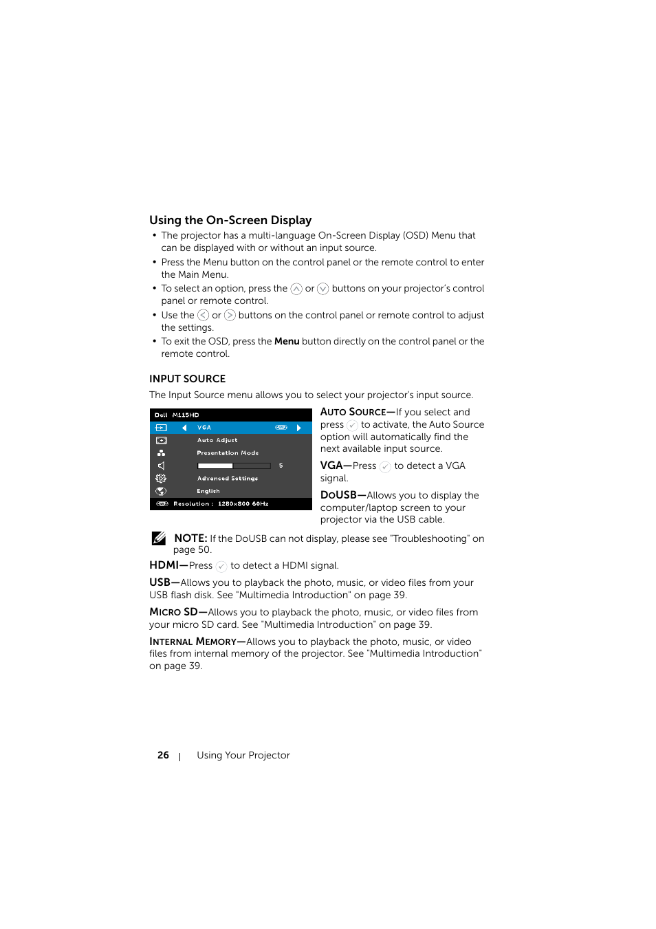 Using the on-screen display, Input source | Dell Mobile Projector M115HD User Manual | Page 26 / 64