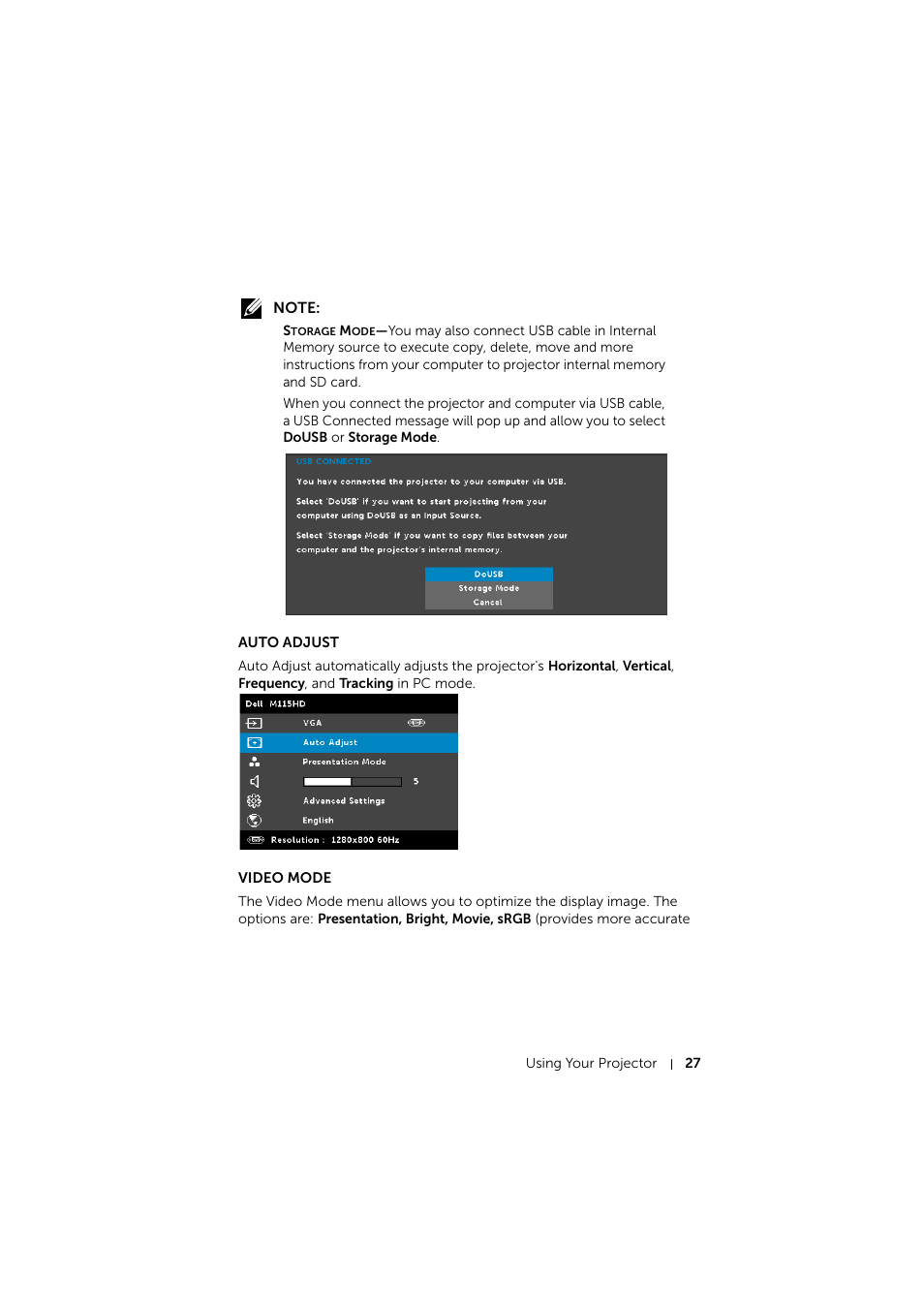 Auto adjust, Video mode | Dell Mobile Projector M115HD User Manual | Page 27 / 64