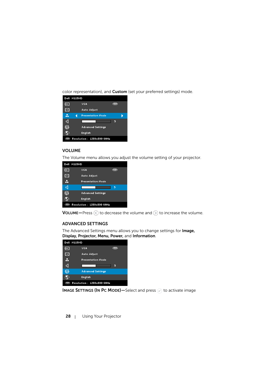 Volume, Advanced settings | Dell Mobile Projector M115HD User Manual | Page 28 / 64