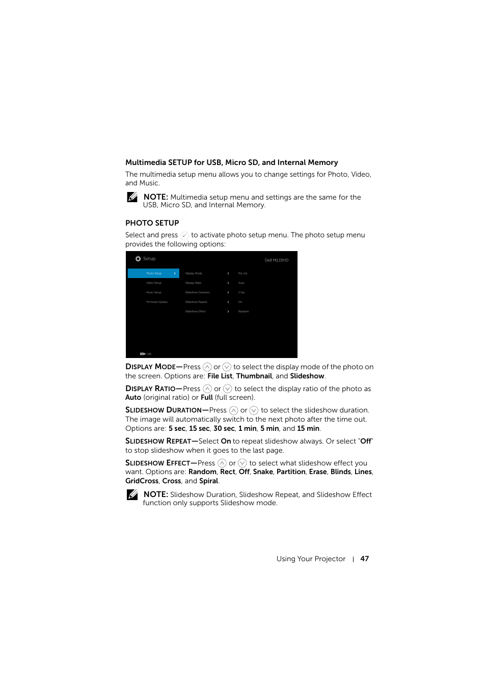 Photo setup | Dell Mobile Projector M115HD User Manual | Page 47 / 64