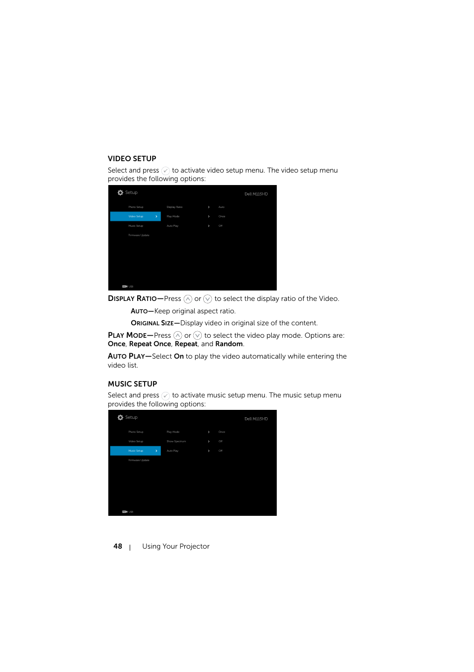 Video setup, Music setup | Dell Mobile Projector M115HD User Manual | Page 48 / 64