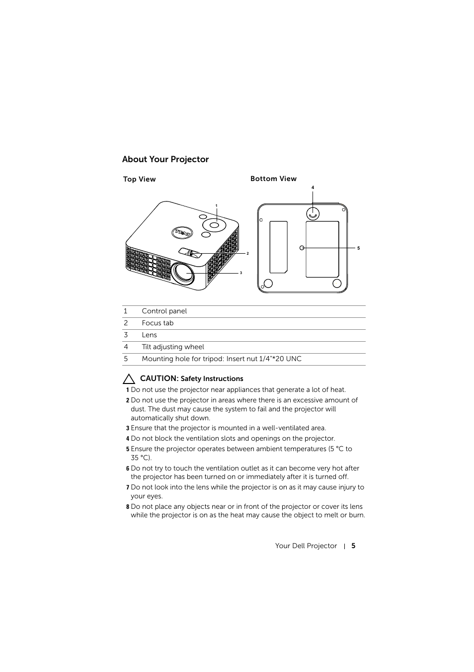 About your projector, Top view | Dell Mobile Projector M115HD User Manual | Page 5 / 64