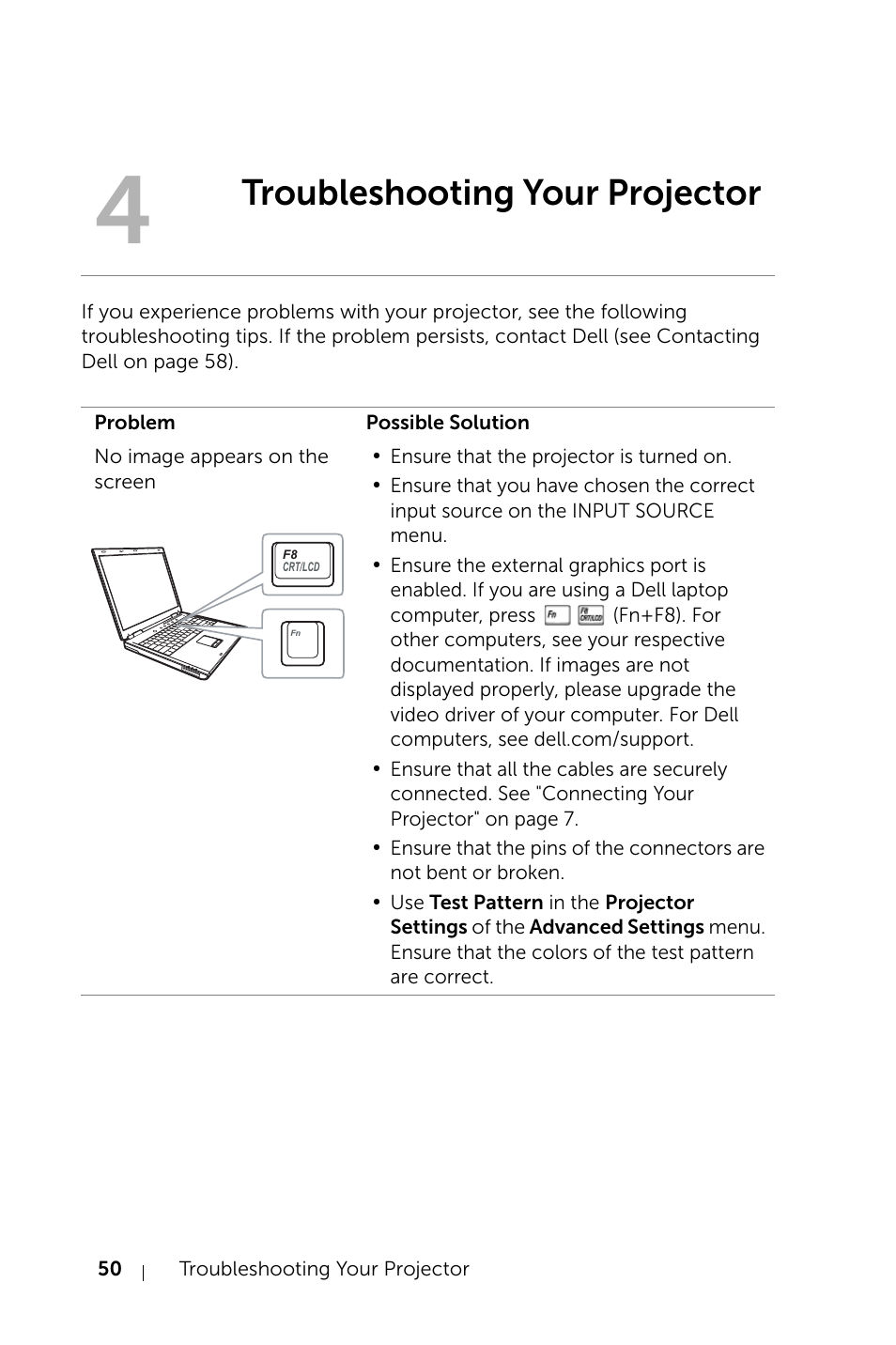 Troubleshooting your projector | Dell Mobile Projector M115HD User Manual | Page 50 / 64