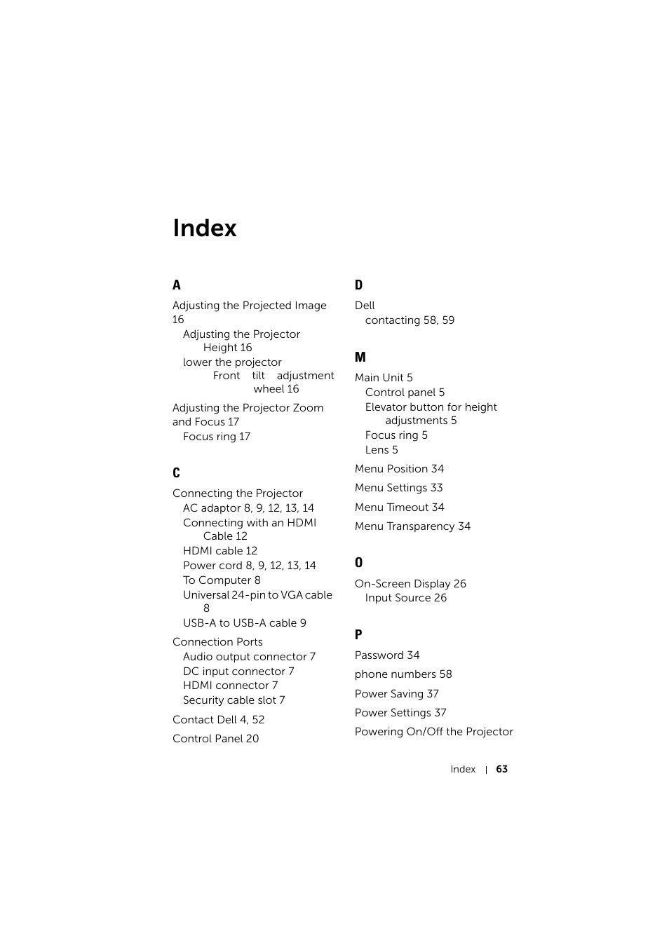 Index | Dell Mobile Projector M115HD User Manual | Page 63 / 64