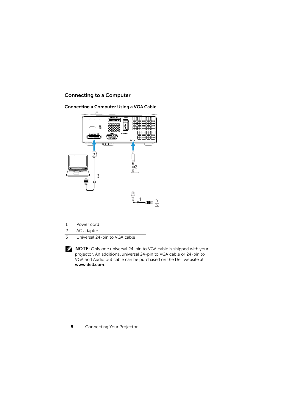 Connecting to a computer, Connecting a computer using a vga cable | Dell Mobile Projector M115HD User Manual | Page 8 / 64