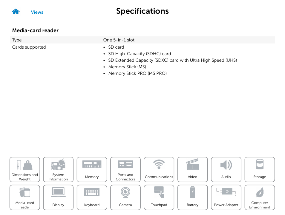 Media‑card, Reader, Specifications | Media‑card reader | Dell Inspiron 14 (5448, Early 2015) User Manual | Page 15 / 22