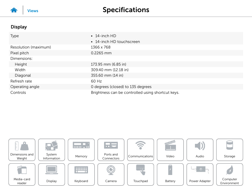 Display, Specifications | Dell Inspiron 14 (5448, Early 2015) User Manual | Page 16 / 22