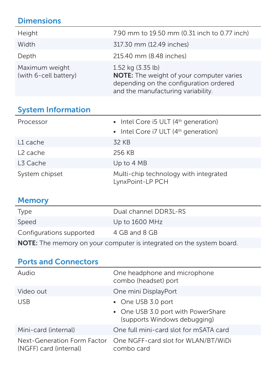 Dimensions, System information, Ports and connectors | Dell XPS 12 (9Q33, Mid 2013) User Manual | Page 2 / 6