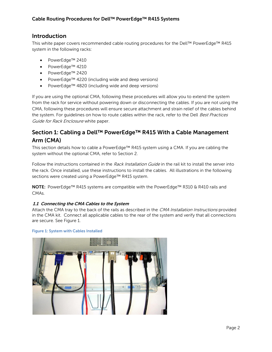 Introduction, Connecting the cma cables to the system, Figure 1: system with cables installed | Dell PowerEdge Rack Enclosure 4220 User Manual | Page 4 / 12