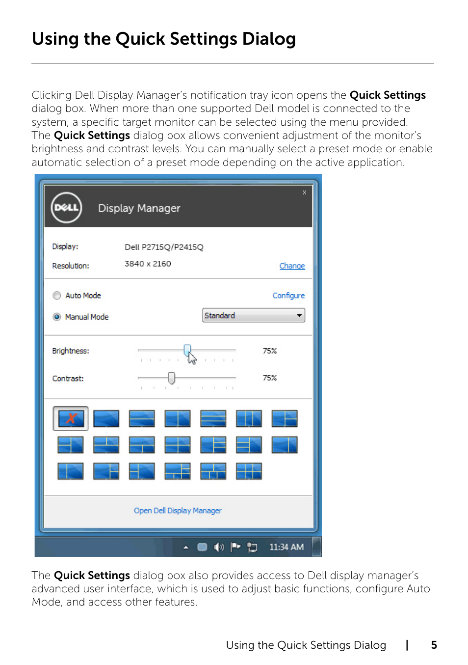 Using the quick settings dialog | Dell P2415Q Monitor User Manual | Page 5 / 10