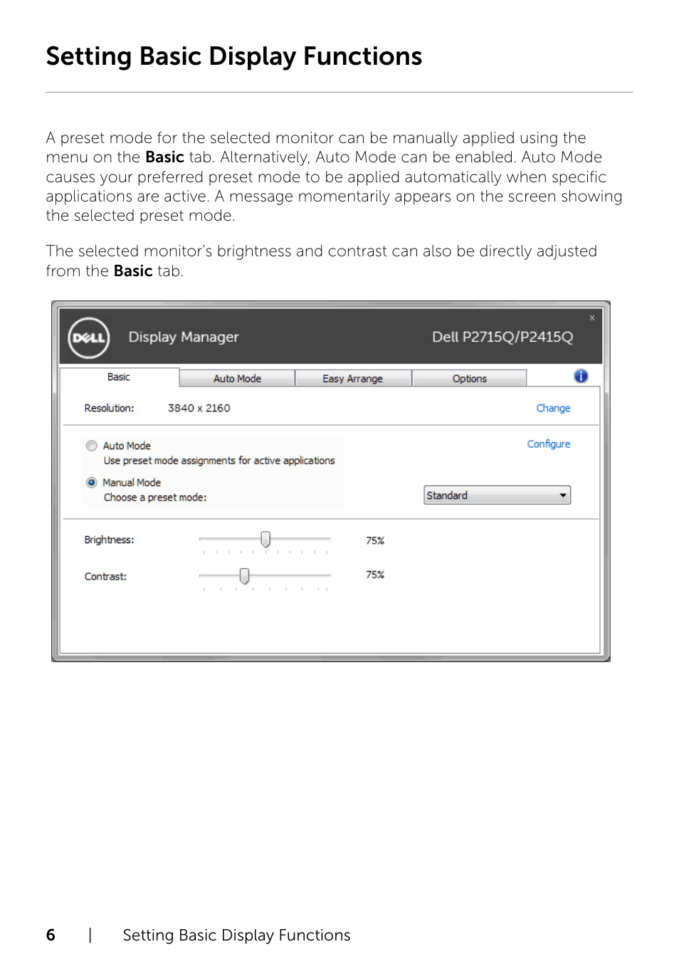 Setting basic display functions | Dell P2415Q Monitor User Manual | Page 6 / 10