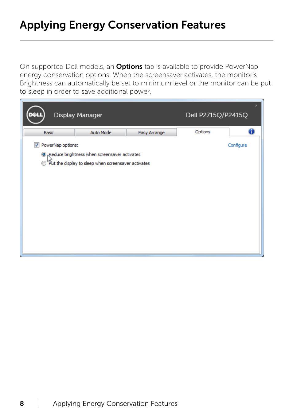 Applying energy conservation features | Dell P2415Q Monitor User Manual | Page 8 / 10