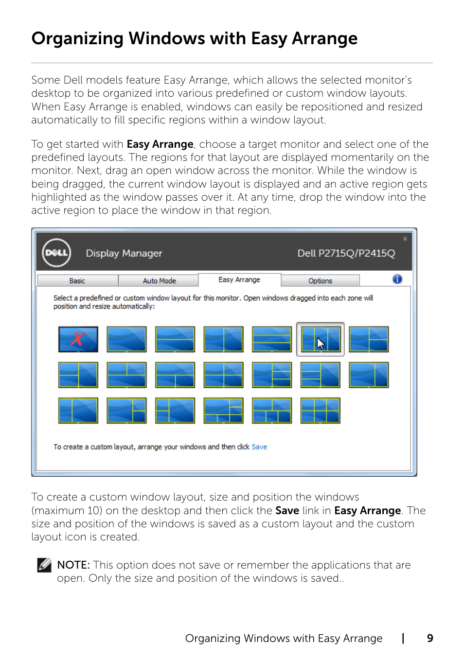 Organizing windows with easy arrange | Dell P2415Q Monitor User Manual | Page 9 / 10