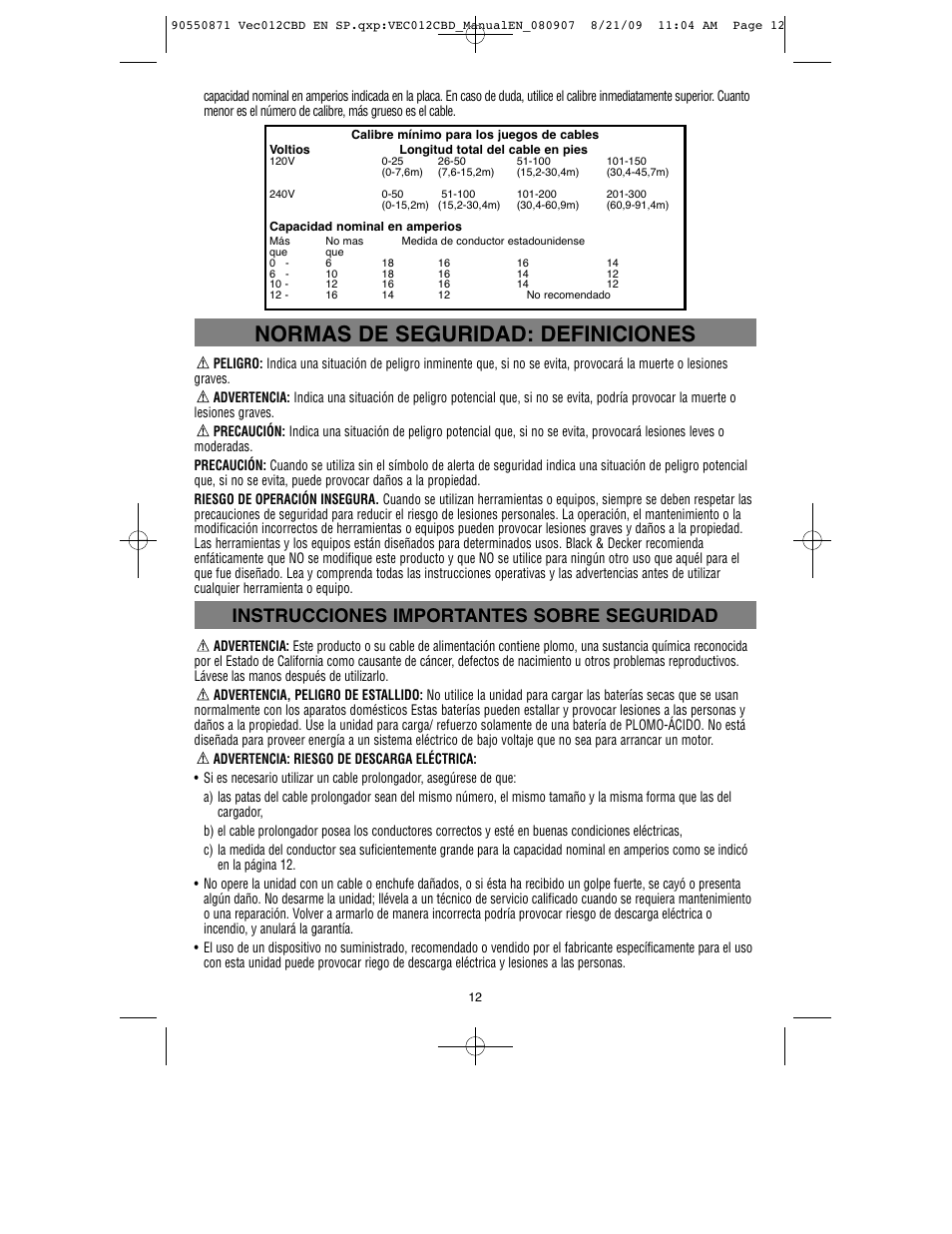 Normas de seguridad: definiciones, Instrucciones importantes sobre seguridad | Black & Decker Start-It VEC012CBD User Manual | Page 13 / 20