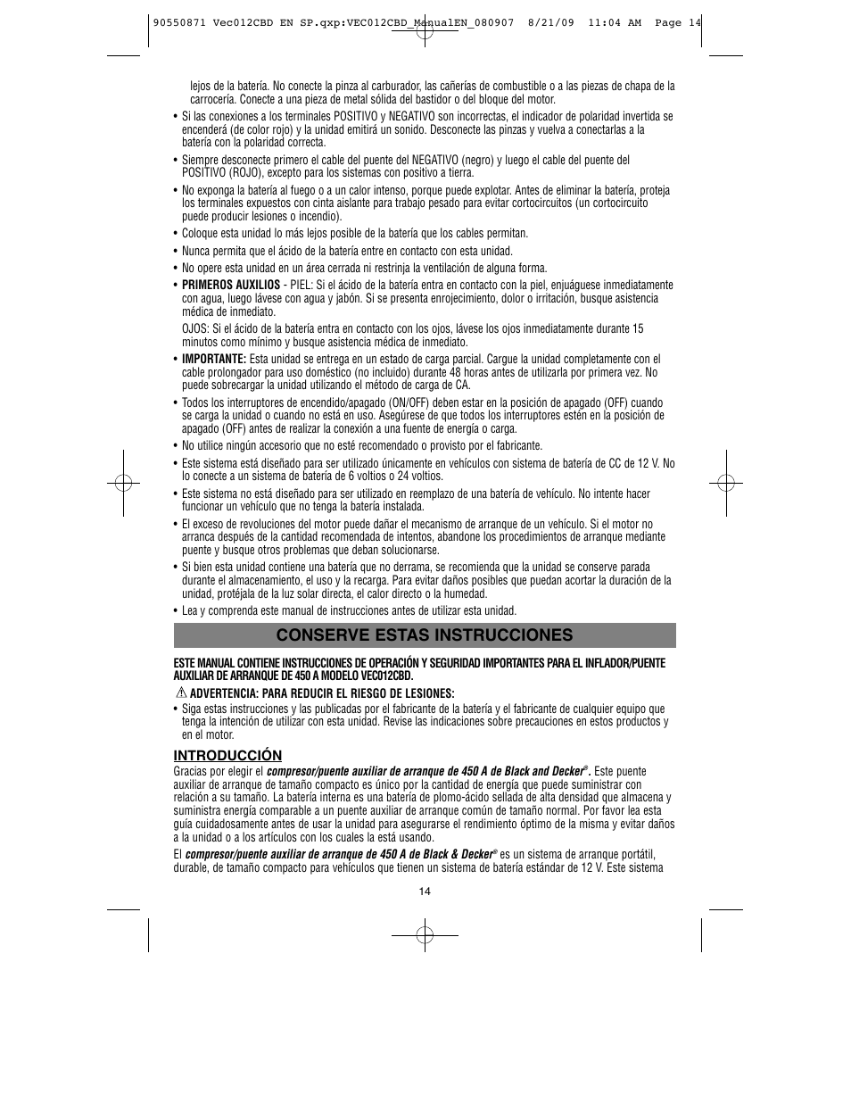 Conserve estas instrucciones | Black & Decker Start-It VEC012CBD User Manual | Page 15 / 20