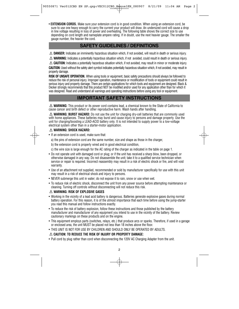 Safety guidelines / definitions, Important safety instructions | Black & Decker Start-It VEC012CBD User Manual | Page 3 / 20