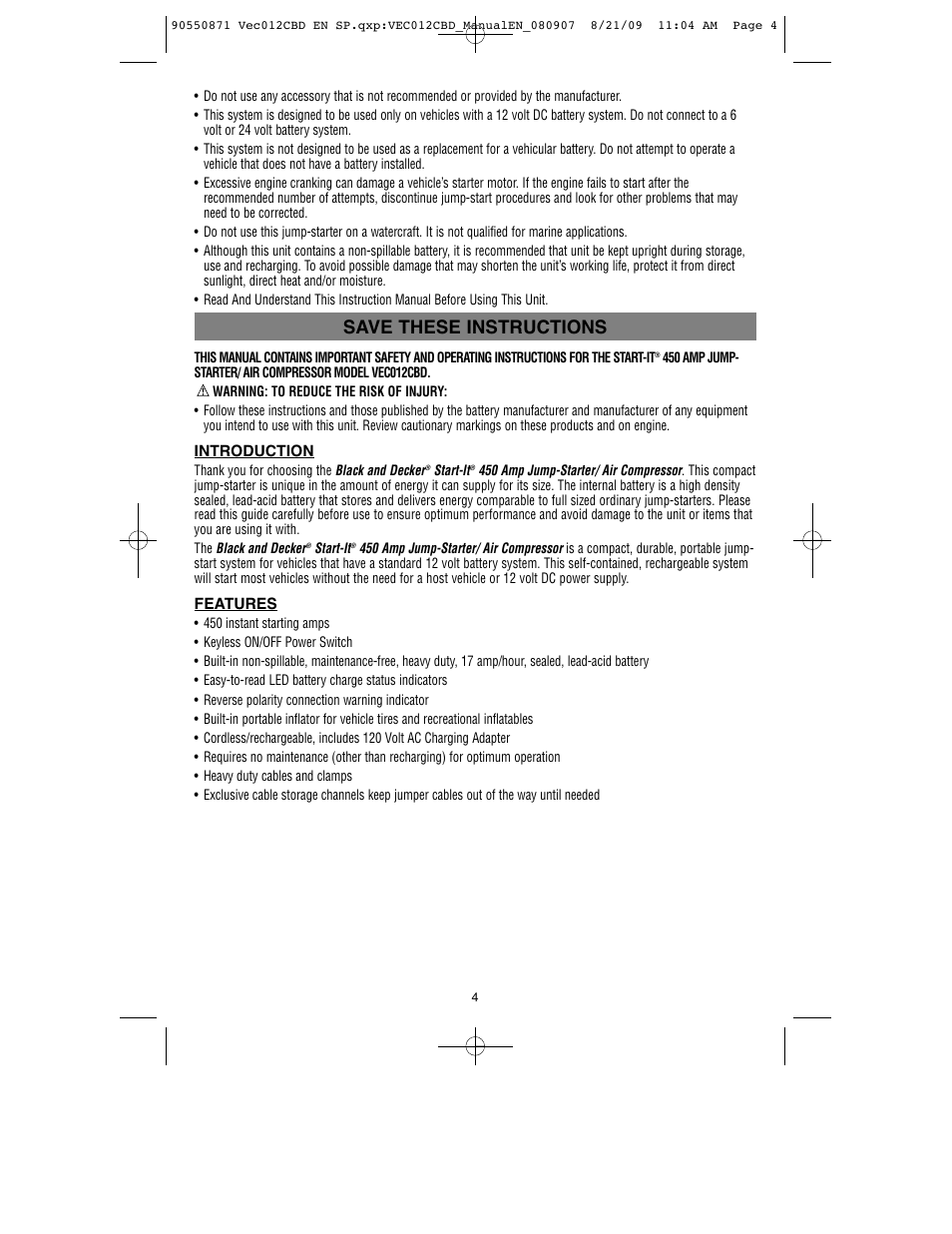 Save these instructions | Black & Decker Start-It VEC012CBD User Manual | Page 5 / 20