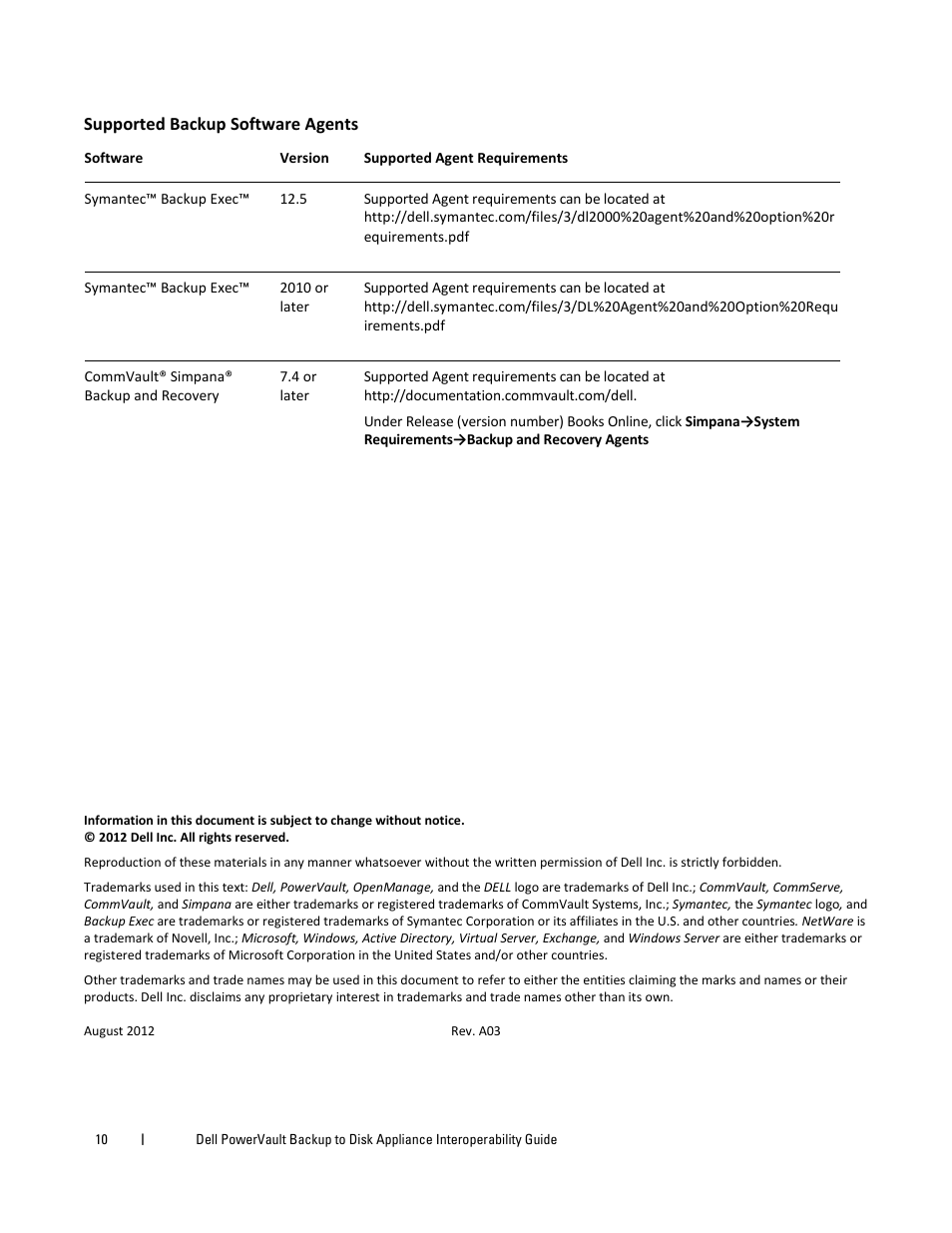 Supported backup software agents | Dell PowerVault DL2200 CommVault User Manual | Page 10 / 10