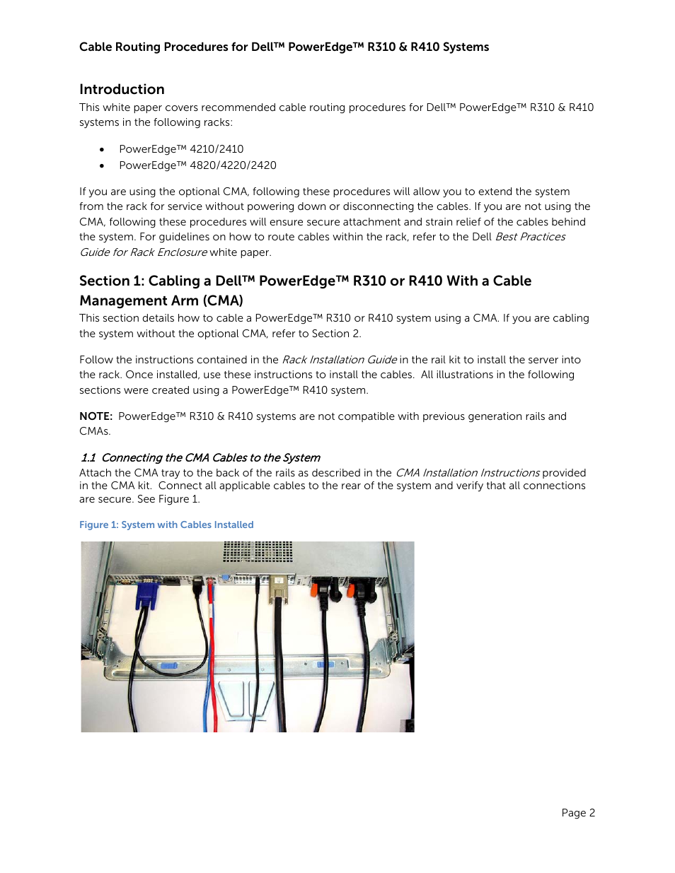 Introduction, 1 connecting the cma cables to the system, Connecting the cma cables to the system | Figure 1: system with cables installed | Dell PowerEdge Rack Enclosure 2420 User Manual | Page 4 / 12