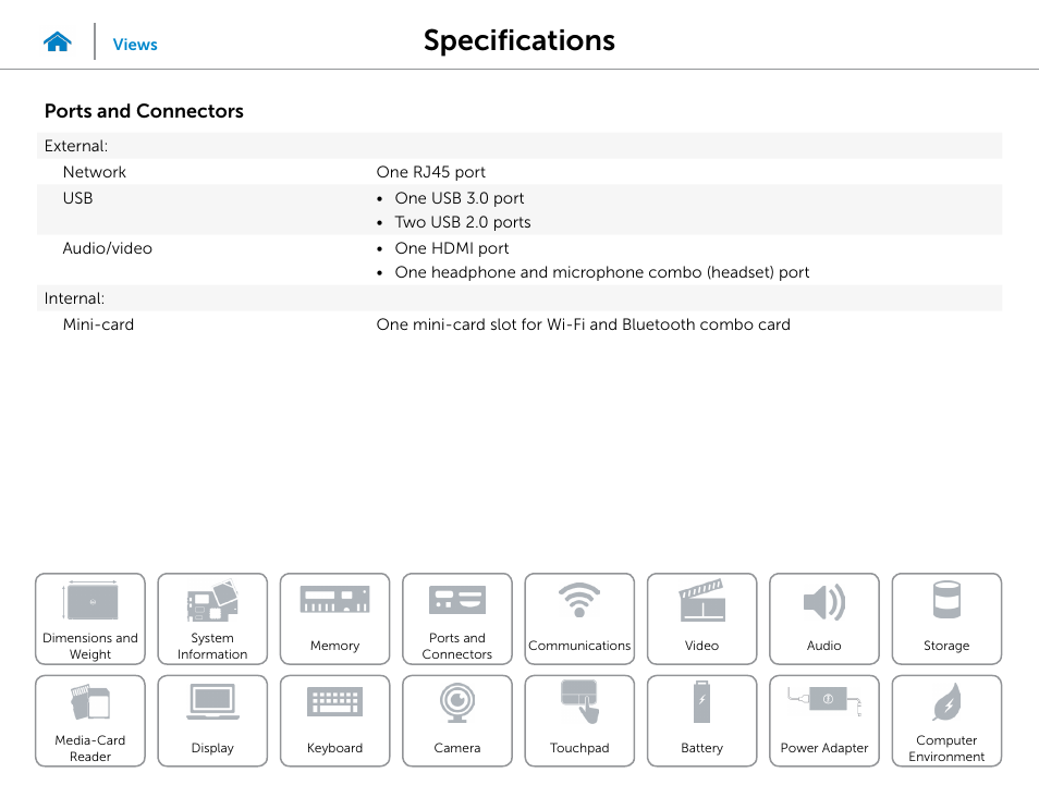 Ports and, Connectors, Specifications | Ports and connectors | Dell Inspiron 14 (3442, Early 2014) User Manual | Page 10 / 22