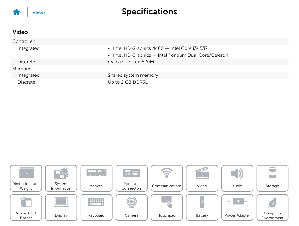 Video, Specifications | Dell Inspiron 14 (3442, Early 2014) User Manual | Page 12 / 22
