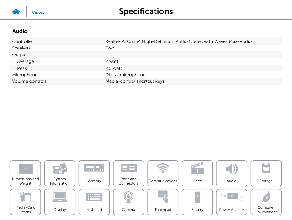 Audio, Specifications | Dell Inspiron 14 (3442, Early 2014) User Manual | Page 13 / 22