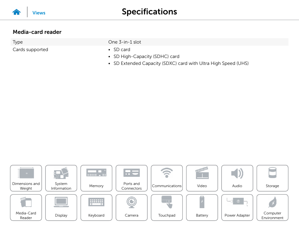 Media‑card, Reader, Specifications | Media‑card reader | Dell Inspiron 14 (3442, Early 2014) User Manual | Page 15 / 22