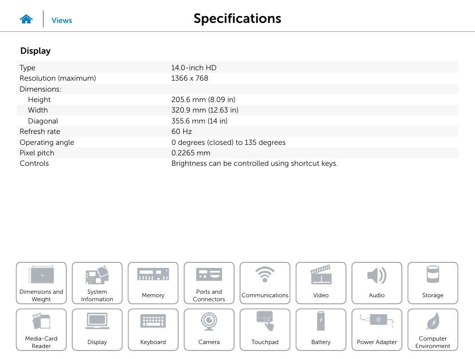 Display, Specifications | Dell Inspiron 14 (3442, Early 2014) User Manual | Page 16 / 22