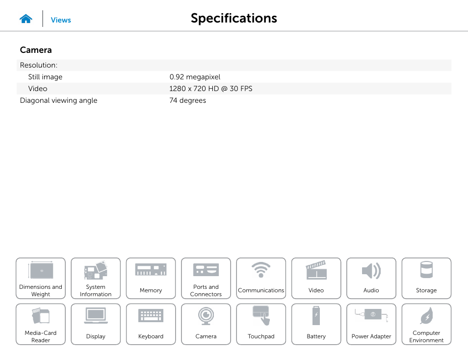 Camera, Specifications | Dell Inspiron 14 (3442, Early 2014) User Manual | Page 18 / 22