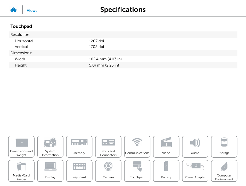Touchpad, Specifications | Dell Inspiron 14 (3442, Early 2014) User Manual | Page 19 / 22